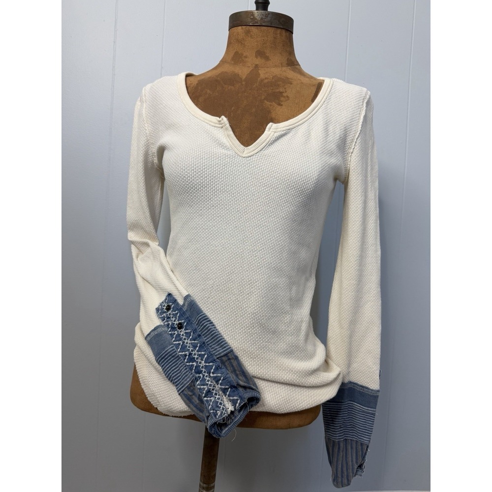 We The Free People Kyoto Embroidered Cuff Thermal Ivory Waffle Knit Top Medium